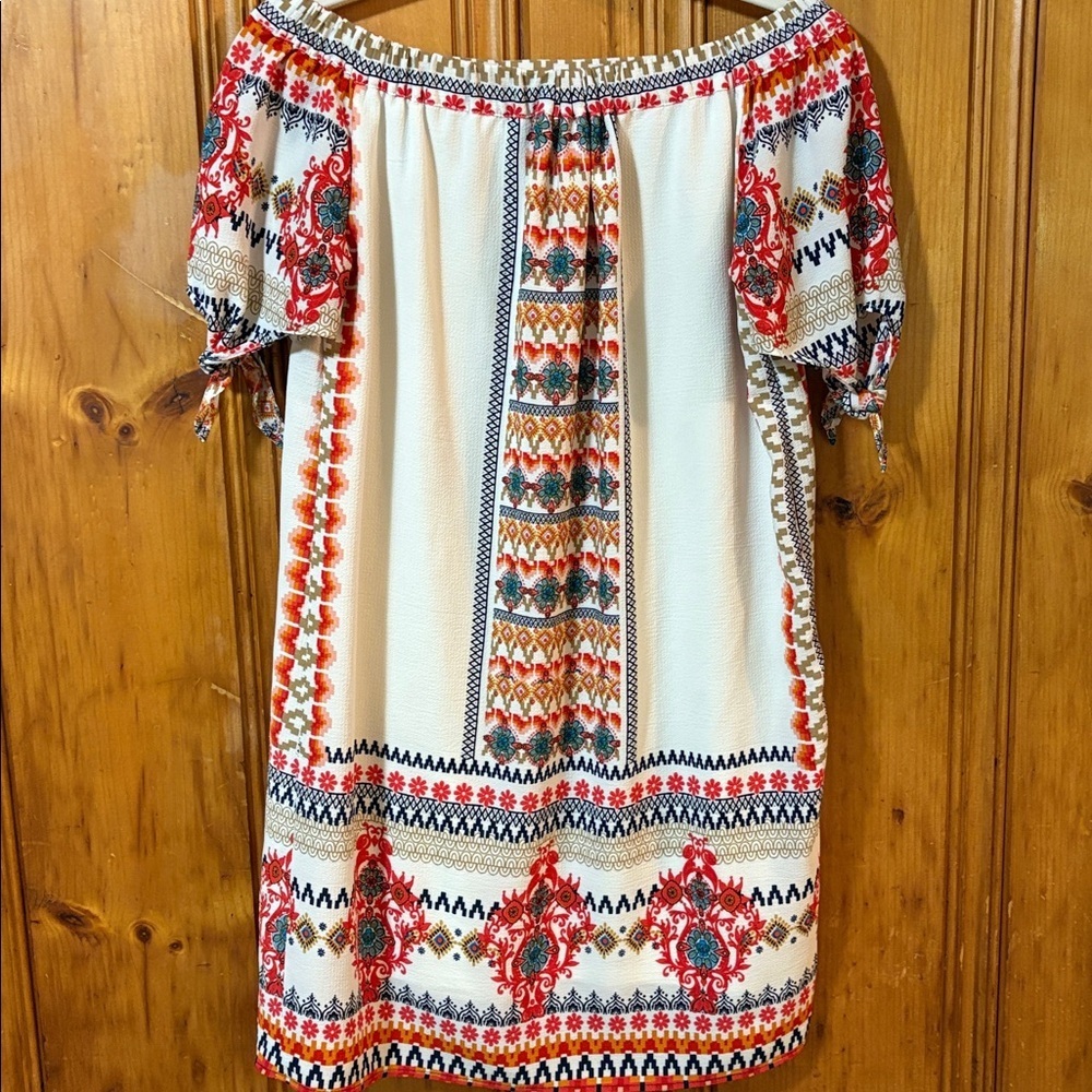 Monteau Multicolor Patterned Dress - Shift Dress - Off the Shoulder - Size Small - Picture 9 of 10
